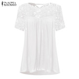 2018 ZANZEA Elegant Women Blouses Lace Crochet Splice Shirts O Neck Short Sleeve Hollow Out Casual Loose Blusas Sexy Tops