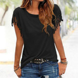 2018 Women's T-Shirt Plus Size Summer Top Tassel T-Shirt Solid Short Sleeve Tshirt O-Neck Fashion For Ladies Sexy New