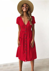 2018 Women's Fashion Summer Short Sleeve V Neck Button Down Swing Midi Dress with Pockets Beach Summer Dress