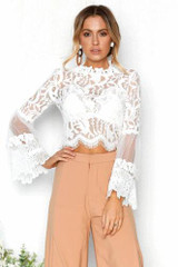 2018 Women Summer Sexy Lace Crop Tops Long Sleeve Shirt Casual Slim Lace Blouse