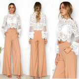 2018 Women Summer Sexy Lace Crop Tops Long Sleeve Shirt Casual Slim Lace Blouse