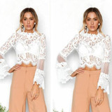 2018 Women Summer Sexy Lace Crop Tops Long Sleeve Shirt Casual Slim Lace Blouse