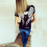 2018 Slim Style Women Short Sleeve O-neck Shirt Hollow Back Angel Wings Lace T-shirt