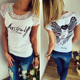 2018 Slim Style Women Short Sleeve O-neck Shirt Hollow Back Angel Wings Lace T-shirt