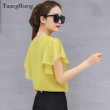 2018 Short Sleeve O-Neck Female Bottoming Chiffon Blouse Shirt Loose Elegant Butterfly Sleeve Women Soft Tops Camisas Mujer