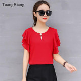 2018 Short Sleeve O-Neck Female Bottoming Chiffon Blouse Shirt Loose Elegant Butterfly Sleeve Women Soft Tops Camisas Mujer