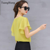 2018 Short Sleeve O-Neck Female Bottoming Chiffon Blouse Shirt Loose Elegant Butterfly Sleeve Women Soft Tops Camisas Mujer
