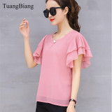 2018 Short Sleeve O-Neck Female Bottoming Chiffon Blouse Shirt Loose Elegant Butterfly Sleeve Women Soft Tops Camisas Mujer