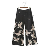 England Style 2017 Womens Zipper Cranes Print Pants Spring Loose Casual Wide leg Ankle-Length Pants Brand Design Female Trousers