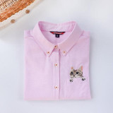 Embroidery Print Cat on Pocket Shirts Lady Fashion White Blue Pink Casual Blouse Shirts Women Long Sleeve Tops