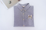 Embroidery Print Cat on Pocket Shirts Lady 2016 Spring New Fashion White Blue Pink Casual Blouse Shirts Women Long Sleeve Tops