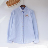Embroidery Print Cat on Pocket Shirts Lady 2016 Spring New Fashion White Blue Pink Casual Blouse Shirts Women Long Sleeve Tops