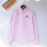Embroidery Print Cat on Pocket Shirts Lady 2016 Spring New Fashion White Blue Pink Casual Blouse Shirts Women Long Sleeve Tops