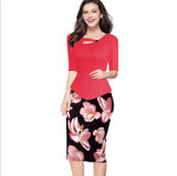 Elegant Women Autumn Winter Half Sleeve Office Business Sheath Pencil Dress Knee-Length Print Floral Bodycon Wear to Work Dress