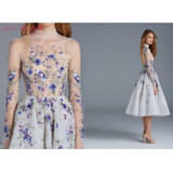 New Illusion Tulle Light Blue Cocktail Dresses 2017 Embroidery Beading Backless High Neck Long Sleeves Prom Dress Vestidos W167