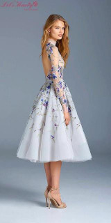 New Illusion Tulle Light Blue Cocktail Dresses 2017 Embroidery Beading Backless High Neck Long Sleeves Prom Dress Vestidos W167