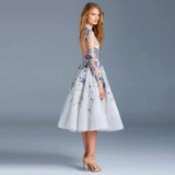 New Illusion Tulle Light Blue Cocktail Dresses 2017 Embroidery Beading Backless High Neck Long Sleeves Prom Dress Vestidos W167