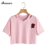 New Hot Women Tops Rose Print Design Aliens T Shirts Women Short Sleeve Tee Shirt Comfortable Female Students T-shirts Teenagers
