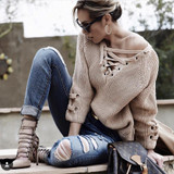 Autumn winter women sweaters and pullovers feminino v-neck long sleeve loose knitted kawaii lace up christmas sweater oversized