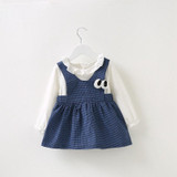 Autumn Baby Girls White Blouse Tops + Cartoon Plaid Overalls Kids Infant Two Pieces Dress vestidos roupas de bebe