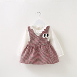 Autumn Baby Girls White Blouse Tops + Cartoon Plaid Overalls Kids Infant Two Pieces Dress vestidos roupas de bebe