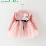 Autumn Baby Girls Long Sleeve Cartoon Rabbit Knitwear Patchwork Mesh Princess Birthday Party Tutu Dress Kids Clothes vestidos