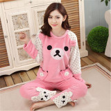 Autumn and Winter Women Pyjamas Sets Thick Warm Coral Velvet Suit Flannel Long Sleeve Female Cartoon Bear Animal Pants Sleepwear