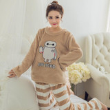 Autumn and Winter Women Pyjamas Sets Thick Warm Coral Velvet Suit Flannel Long Sleeve Female Cartoon Bear Animal Pants Sleepwear