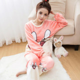 Autumn and Winter Women Pyjamas Sets Thick Warm Coral Velvet Suit Flannel Long Sleeve Female Cartoon Bear Animal Pants Sleepwear