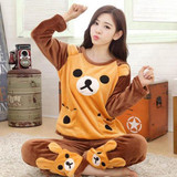 Autumn and Winter Women Pyjamas Sets Thick Warm Coral Velvet Suit Flannel Long Sleeve Female Cartoon Bear Animal Pants Sleepwear
