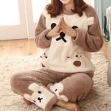 Autumn and Winter Women Pyjamas Sets Thick Warm Coral Velvet Suit Flannel Long Sleeve Female Cartoon Bear Animal Pants Sleepwear