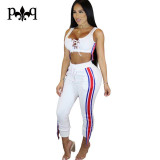Hilove Women Jumpsuits Casual Side Stripe Women Pants Lace Up Bodycon Jumpsuits Sexy Party Club Female Overalls Black White