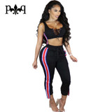 Hilove Women Jumpsuits Casual Side Stripe Women Pants Lace Up Bodycon Jumpsuits Sexy Party Club Female Overalls Black White