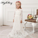HighBuy 2017 Vintage Princess Lace Flower Girl Dresses Sheer Jewel Long Sleeves Cute Floor Length Girls First Communion Dresses