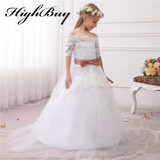 HighBuy 2017 New Hot White  Ivory Lace Flower Girls Dresses Sweep Train Girls First Communion Dress Princess Dress Ball Gown