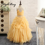 HighBuy 2017 Gorgeous Halter Beaded Princess Pink Ball Gown Girls Pageant Dress Girls Formal Party Dress Pink Flower Girl Dress