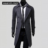 Manvelous Long Trench Coat Men European Fashion Casual Slim Solid Notched Lapel Cotton Blends Plain Mens Trench Coats Jackets