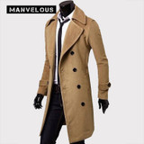 Manvelous Long Trench Coat Men European Fashion Casual Slim Solid Notched Lapel Cotton Blends Plain Mens Trench Coats Jackets