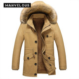 Manvelous 5XL Parka Winter Jacket Men Fashion Casual Solid Mid-Length Pocket Button Thick Hooded Mens Winter Jackets Parka Coats