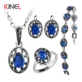 2017 NEW Blue Crystal Bridal Jewelry Sets For Women Silver Colour Bracelet Earrings Necklace Rings Vintage Jewelry Set