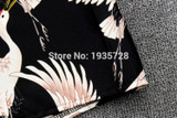 2017 New Black Flowing Printed Wide Leg Cropped Trousers - Red-crowned Crane Birds Printed Culottes With Side Zip Fastening