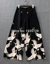 2017 New Black Flowing Printed Wide Leg Cropped Trousers - Red-crowned Crane Birds Printed Culottes With Side Zip Fastening