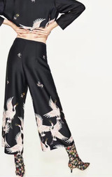 2017 New Black Flowing Printed Wide Leg Cropped Trousers - Red-crowned Crane Birds Printed Culottes With Side Zip Fastening