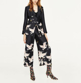 2017 New Black Flowing Printed Wide Leg Cropped Trousers - Red-crowned Crane Birds Printed Culottes With Side Zip Fastening