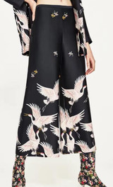 2017 New Black Flowing Printed Wide Leg Cropped Trousers - Red-crowned Crane Birds Printed Culottes With Side Zip Fastening