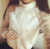 lollas 2017 New Spring Elegant Organza Bow of Pearl White Blouse Casual Chiffon Shirt Women Vintage Sleeve Blouses and Tops