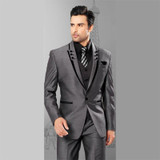 LN077 Men Suits Slim Fit Peaked Lapel Tuxedos Grey Wedding Suits With Black Lapel For Men Groomsmen Suits One Button 3 Piece