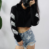 Fashion 2017 Hoodies Sweatshirt Women Letters Print Black Hoodies Women Cropped Tops Streetwear Loose Casual Sweatshirt Hoodies