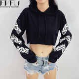 Fashion 2017 Hoodies Sweatshirt Women Letters Print Black Hoodies Women Cropped Tops Streetwear Loose Casual Sweatshirt Hoodies