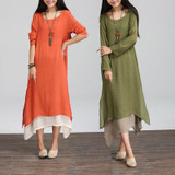 Fashion 2017 Cotton Linen Vintage Dress Summer Autumn Women Casual Loose  Long Maxi Dresses  Plus Size A507